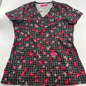 Betsy Johnson Women's Scrub Top XXS Nurse Workwear Cherry Print